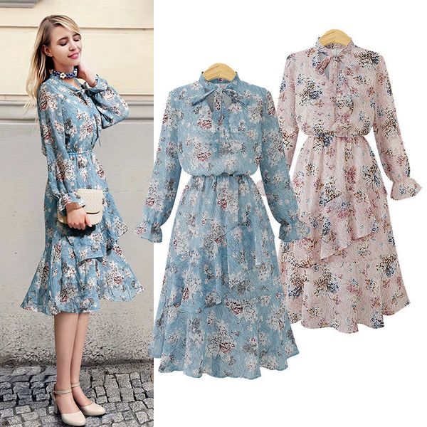 

wind fall 2019 new large women's fat mm thin printed lotus leaf hem long sleeve dress, Black;gray