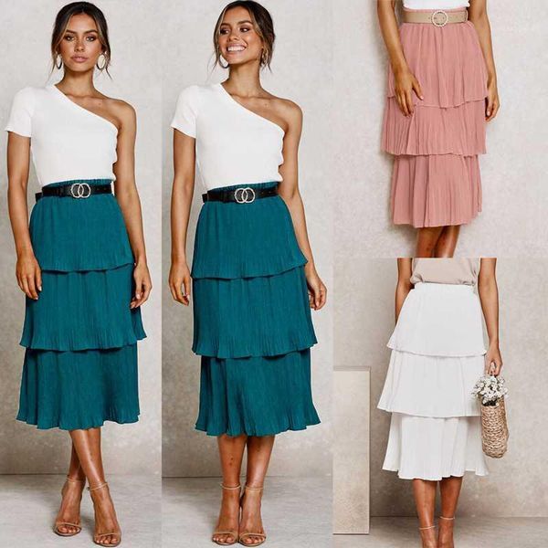 

fashion ladies 2020 chiffon midi skirts womens solid high waisted white pleated clothing spring summer layered cake long skirts1, Black