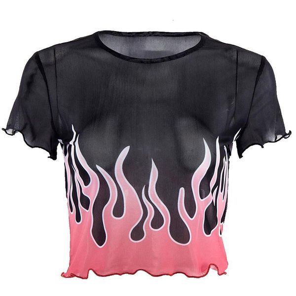 

ruched hem casual thin o neck flame summer slim fit attractive mesh perspective women crop cool printed short sleeve, White