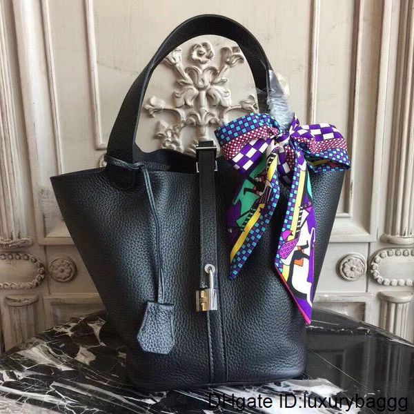 

2020052801 grained leather genuine calf soft bucket handbag black white grey orange caramel blue 18*18cm m size silver lock doublue handle