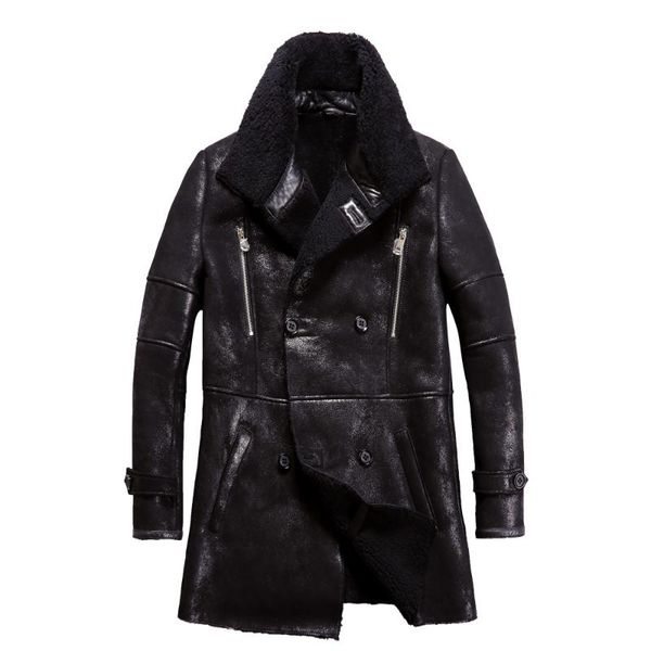 

men's leather & faux real sheepskin fur men coat genuine sheep shearling jacket male winter warm outwear black overcoat 4xl big size