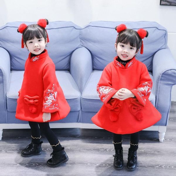 

children's chinese style new girl new year tang suit winter quilted thick embroidered year greeting cheongsam woolen skirt1, Blue;gray