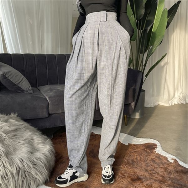 

2021 new black and white spring all-match chess vintage casual style high waist wide leg streetwear women's pants 6kin, Black;white