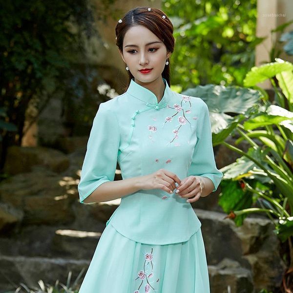 

sheng coco green chinese blouse embroidery cheongsam woman traditional chinese style clothing costume 4xl plus size1, Red