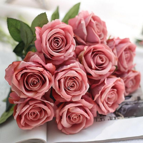 

decorative flowers & wreaths 10 heads roses artificial fake flannel flower bridal bouquet wedding party home decor #30