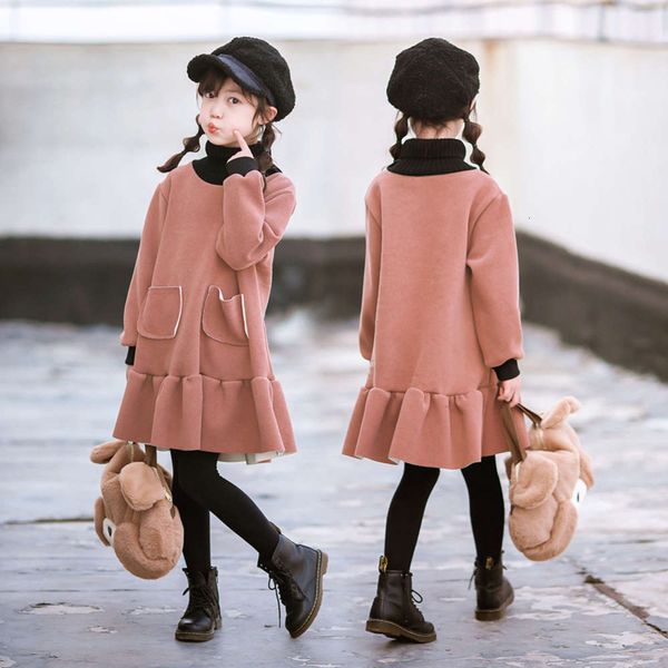 

girls' plush and thickened winter drs super foreign sle high collar warm middle school children's princs skirt, Red;yellow