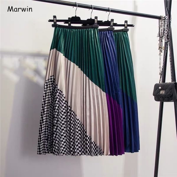 

marwin spring new-coming europen color matching plaid pleated skirt high street style mid-calf empire striped women skirts 201109, Black