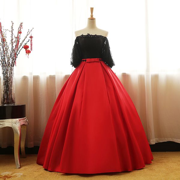 2021 Novo Sexy Bateau Lace Vermelho e Preto Vestido de Bola Quinceanera Vestidos 1/2 Manga Doce 16 Vestido Debutante Prom Festa Dress Feito Personalizado 007