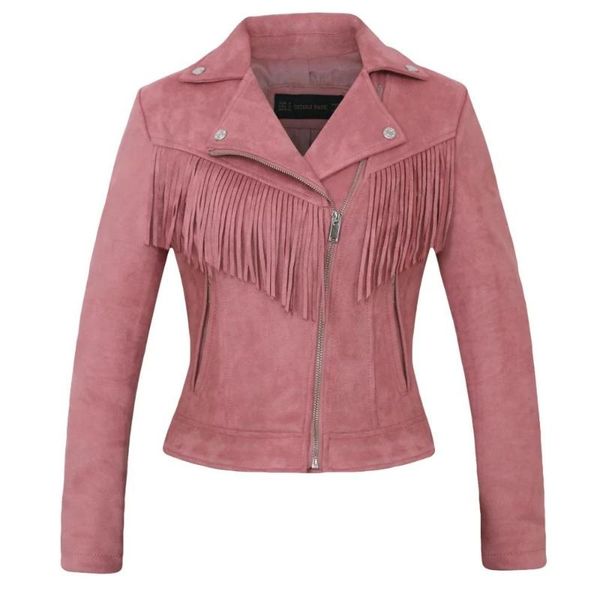 

classic women short cool deer suede leather jacket motorcycle handsome tassels leather coat, Black;brown