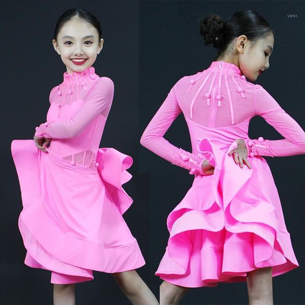 

professional latin dance dress children's competition clothes girls stage performance wear female long sleeved dresses dl54001, Black;red