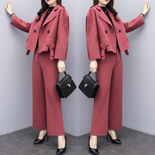 

two 2021 new pieces of wool women's clothing short coat and loose pants elegant suit red brick black sets y490 8m4i, Gray