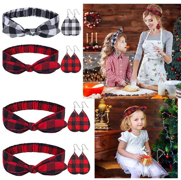 

christmas family headbands and earrings sets parent-child mom kids baby plaid bowknot head band headdress leather earrings decors e120702, Slivery;white