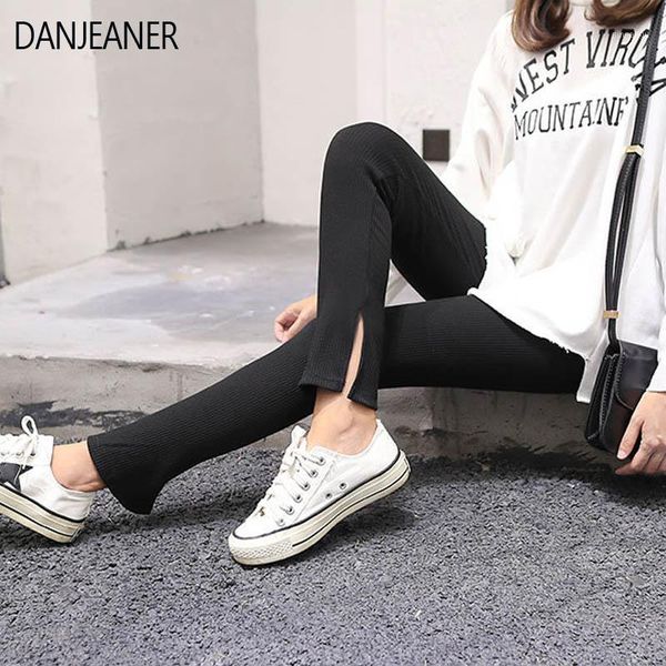 

danjeaner ribbed leggings high elastic autumn winter vertical strip slim warm pants knitted stretch elastic skinny leggings1, Black