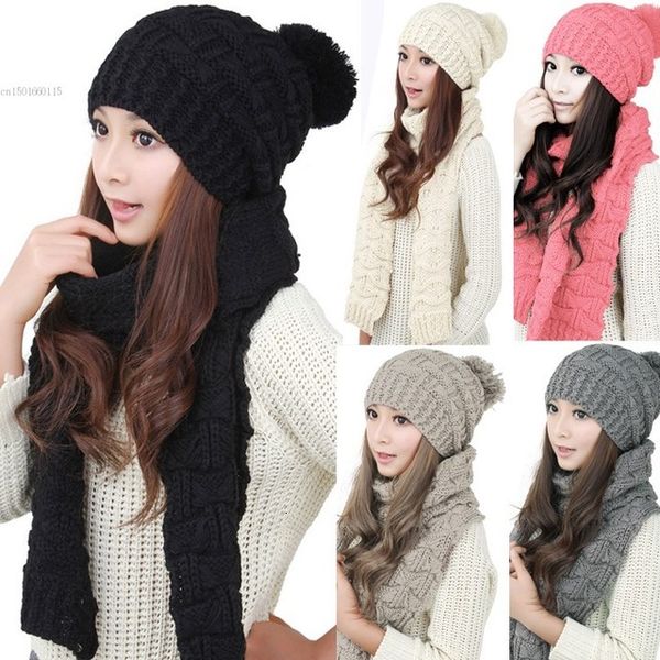 

2pcs winter warm knitted scarves and hats sets for women thicken knitted hat faux fur scarf valentine's day gift, Blue;gray