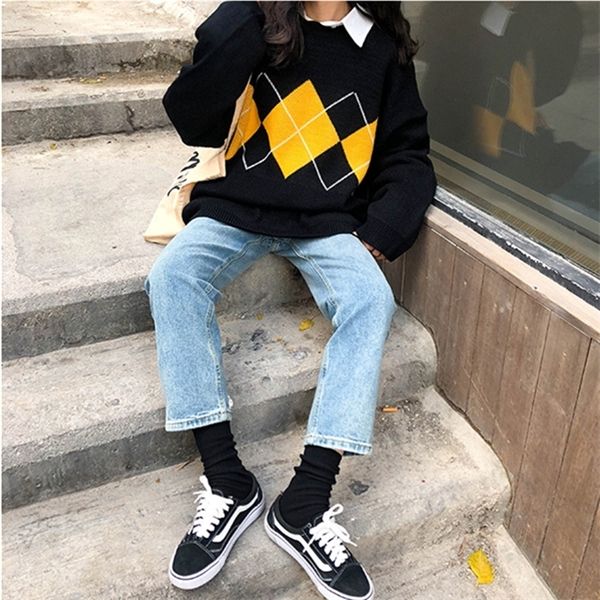 

korean college style autumn winter geometric pattern argyle pullovers loose oversized o-neck knitted sweaters woman jumper mujer q1217, Black