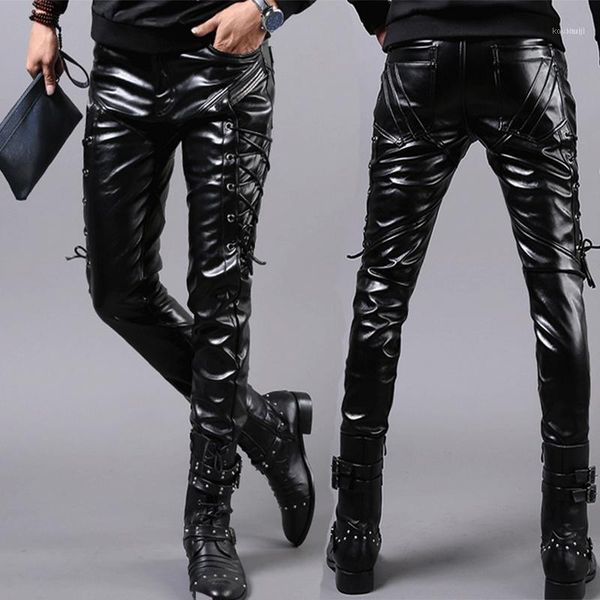 

men's leather pants black side laces up jean for men locomotive fashion long pant motorcycle leather trousers male faux11