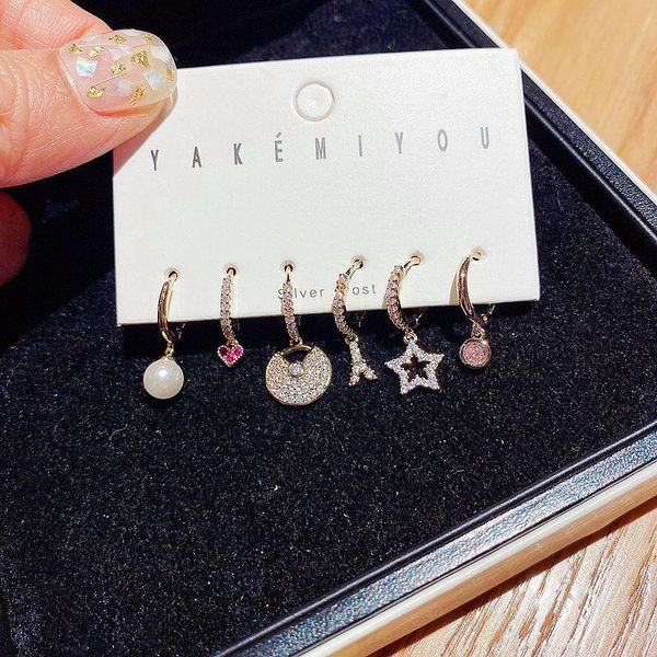 

Mixed Styles Small Heart Tower Star Round Pendant Earrings Set Gold Color Cubic Zirconia Drop Earrings, Silver