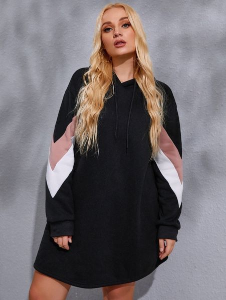 

plus colorblock drop shoulder drawstring hoodie dress f2v0#, Black