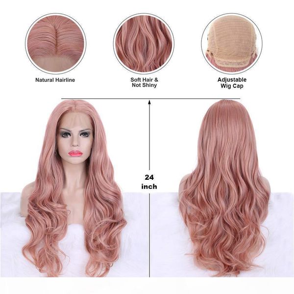

pink lace front wigs long natural wave rose gold synthetic lace wig for women natural hairline heat resistant fiber wigs 22 inch, Black