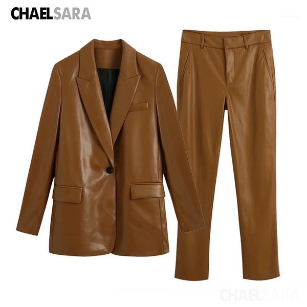 

vintage autumn winter women pant suit solid faux leather blazer jacket & pant suits 2020 office wear female sets1, Gray