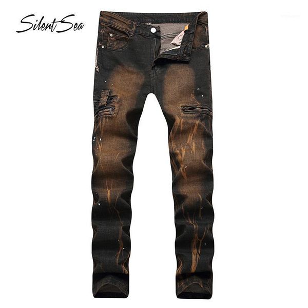 

silentsea large size 28-42 retro men jeans stretch slim straight pleated biker jeans pants male denim casual pants1, Blue