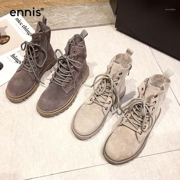 

ennis 2020 winter vintage leather boots women cow suede boots lace up flat ankle autumn female casual shoes a13a1, Black