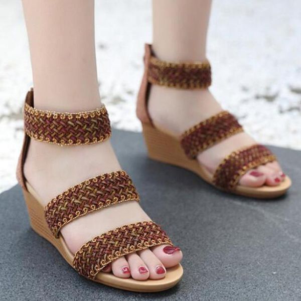 

sandals women new braided bohemian women summer wedges sandals casual zipper beach shoes roman ladies sandal shoes ll1681, Black