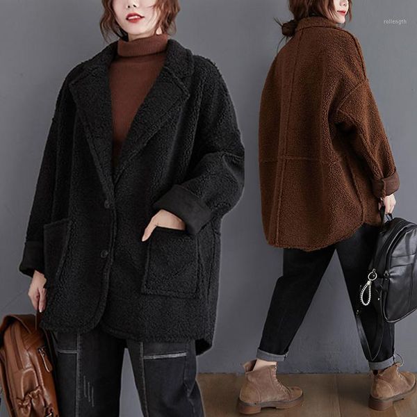 

big size autumn wniter women fashion solid color fleece outerwear ladies female plus large long cardigans loose jacket suit coat1, White;black