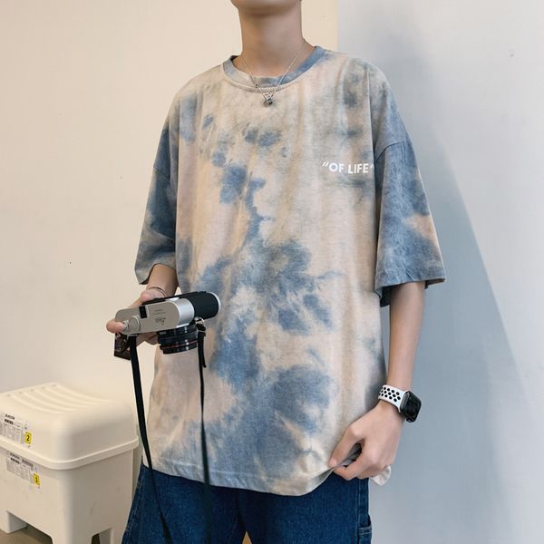 

couple's short t-shirt fashion brand tie dye 5 / 2 sleeve men's korean relaxed casual student trend, White;black
