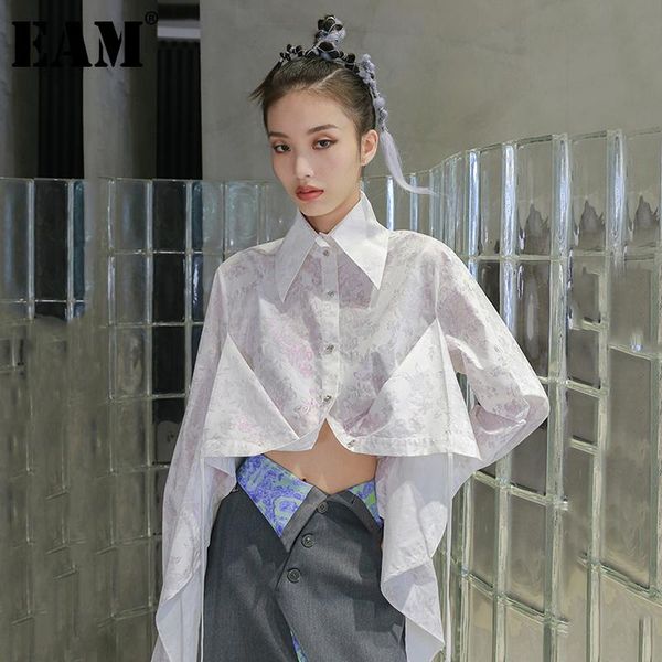 

women's blouses & shirts [eam] women big size irregular pattern printed blouse lapel long sleeve loose fit shirt fashion tide spring au, White