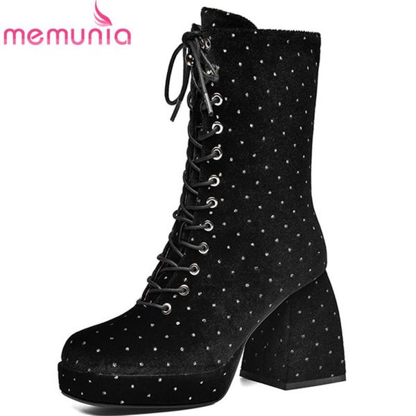 

boots memunia 2021 women ankle velvet thick heel platform lace up zip fashion dress party shoes woman, Black