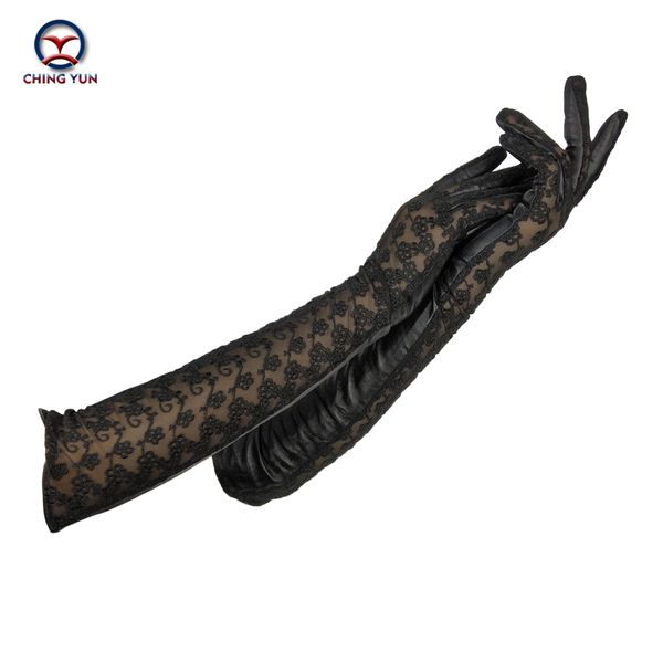 

chingyun woman new sheepskin lace women long elbow arm sleeve genuine lady leather thin fashion gloves 201021, Blue;gray