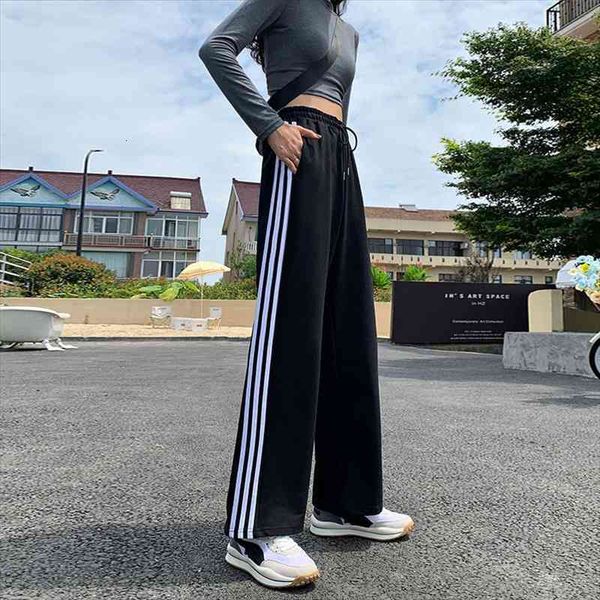 

cgc high waist cotton sweatpants for women casual stripe breathable sports pants female fashion wide leg straight trousers, Black;white