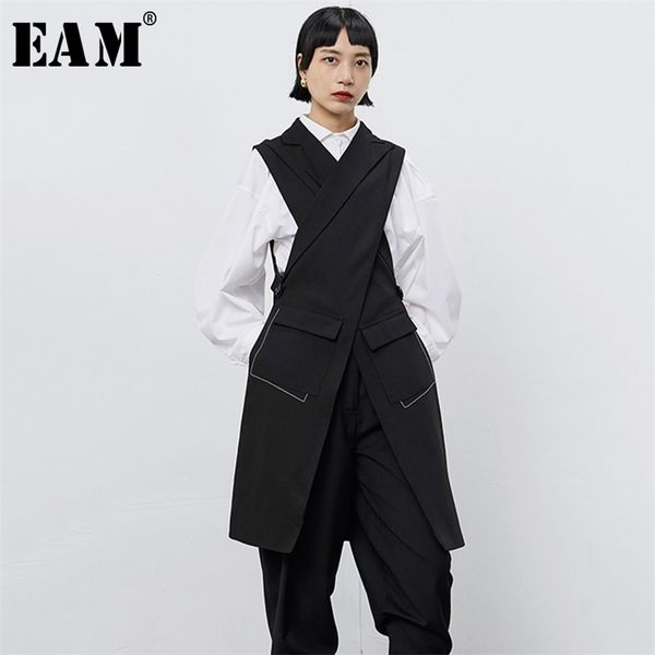 

[eam] women black cross split joint long asymmetrical loose fit vest new v-collar sleeveless fashion spring autumn 1b677 201214, Black;white