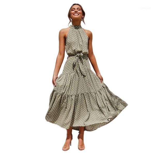 

women sleeveless dress o-neck polka dot elegant evening party dresses fashion loose long dress light green s1, Black;gray