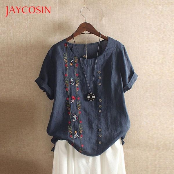 

jaycosin boho t shirt women vintage embroidered floral loose cotton linen harajuku shirt summer short sleeves ladies blusas1, White