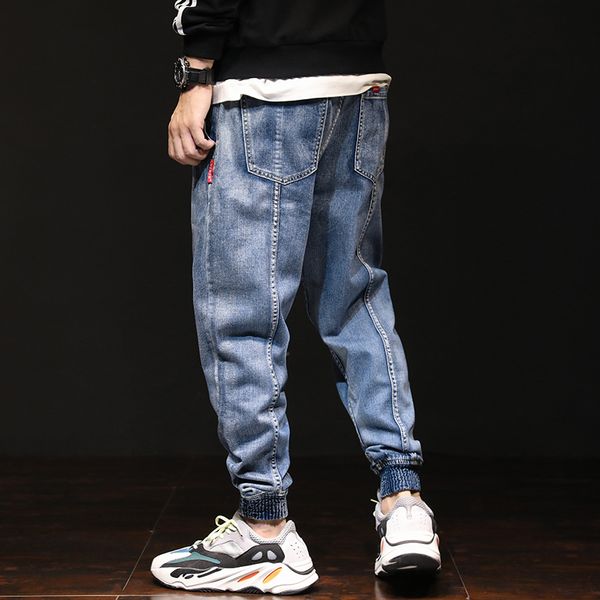 

2021 new japanese style fashion vintage designer denim cargo pants spliced harem trousers streetwear hip hop jeans men ef9y, Blue