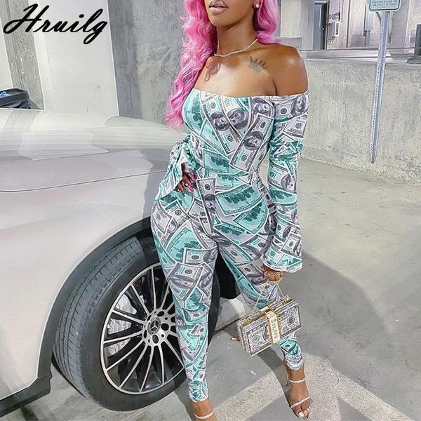 

women's tracksuits 2 piece sets womens outfits dollar stamp casual two set and pants fashion slash neck conjuntos de mujer, Gray