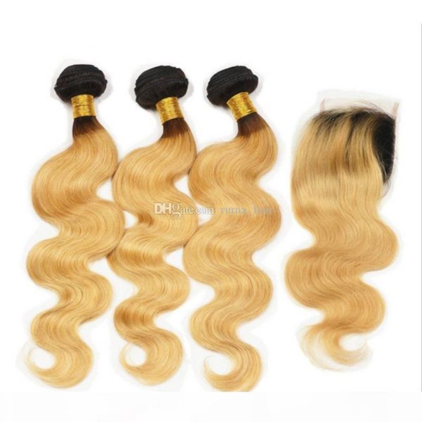

dark roots honey blonde lace closure with bundles two tone ombre human body wave hair weave with lace closure baby hair around, Black;brown