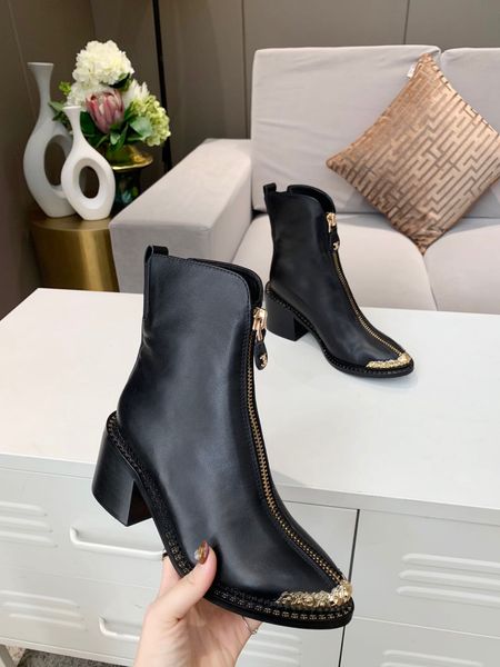 

designer womens boots luxury black gold metal leather front zipper round head low heel with box size 34-40