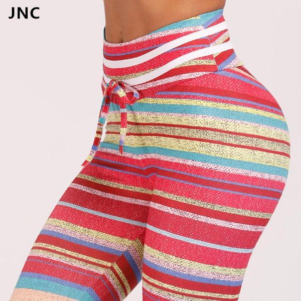 

jnc colorful stripe printed yoga leggings for women sport pants high waist workout tights thick fabric gym fitness gymwear, White;red