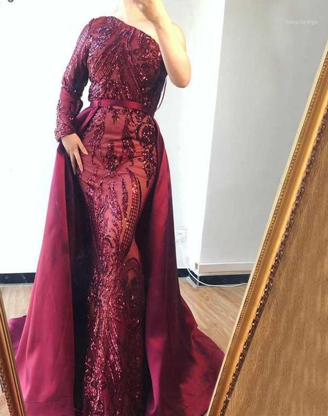 

arabic style one shoulder mermaid long evening dress detachable train women prom gown custom made1, White;black