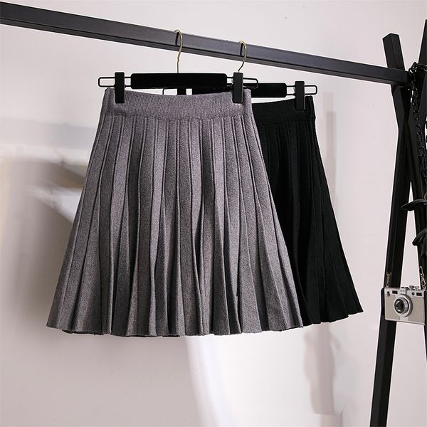 

knitted pleated mini skirts women autumn winter casual ladies elastic high waist korean plus size a line skirt female y200326, Black