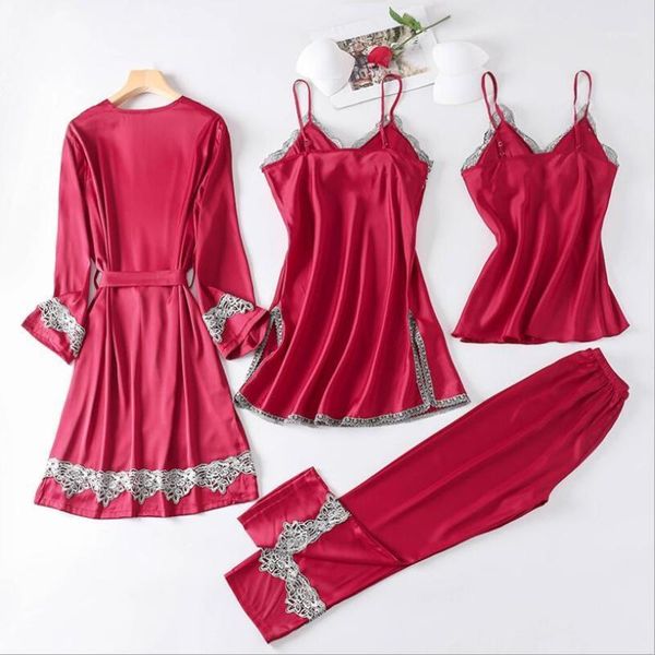 

new 4 pieces women pajamas sets faux silk pajamas sleepwear lace women with breast pad solid color nightdress robe sets1, Black;red