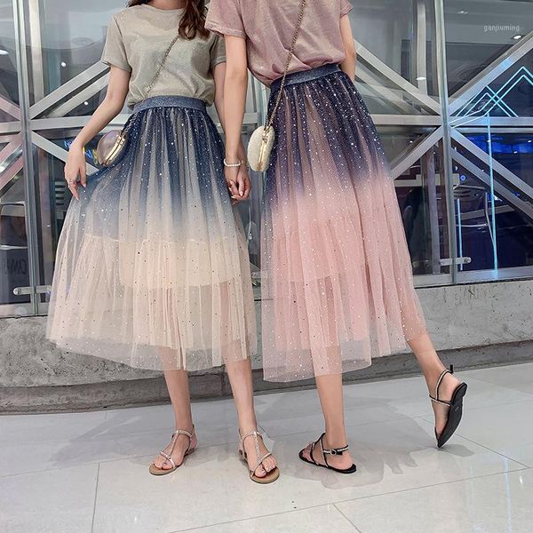 

2020 new fashion women gradient color summer tulle skirt women high waist pleated long skirt female a-line white pink tutu1, Black
