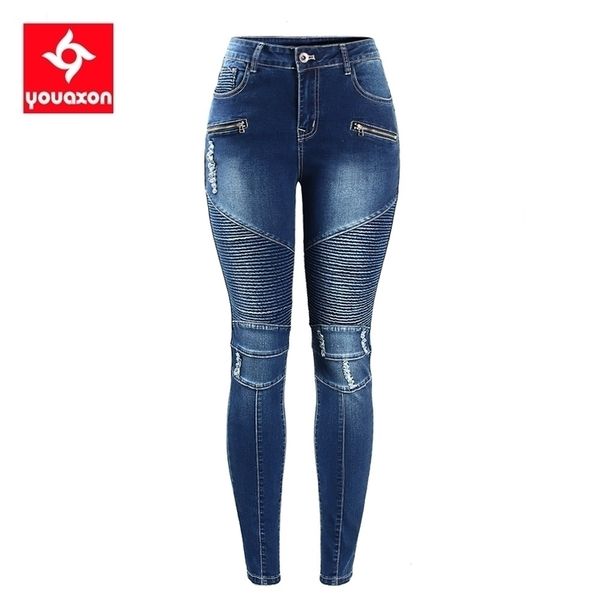 2077 Youaxon Motociclista da donna con cerniera a vita alta Pantaloni skinny in denim elasticizzato Jeans a motore per abbigliamento donna Trend 220310