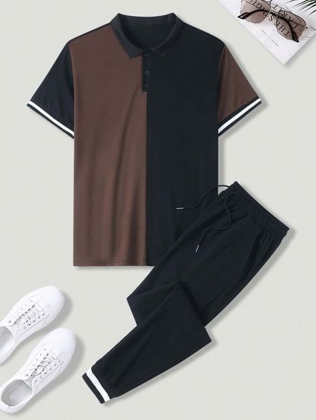 

men two tone striped trim polo shirt & drawstring waist sweatpants r7me#, Gray
