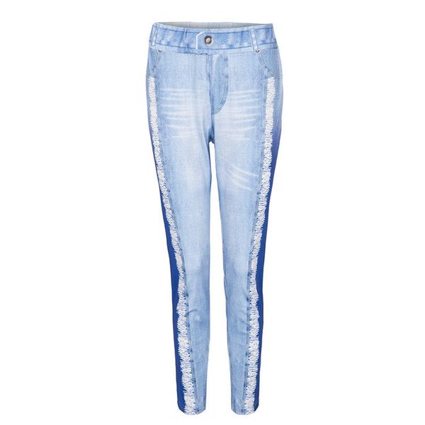 

new autumn 2019 printed denim casual bottoming pants large women's wear, Blue