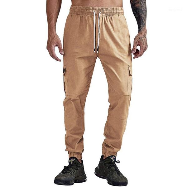 

2020 fashion new men cargo pants casual solid elastic waist long trousers men's jogger pants with side pockets plain, Black