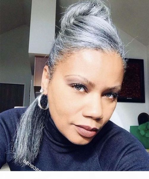 

fashion straight grey hair ponytail natural highlights two tone mixed silver grey humna hair pony tail hairpiece wraps around hair bun updo, Black